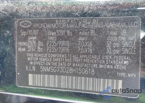 2008 Hyundai Santa Fe Gls from USA, damaged, VIN 5NMSG73D28H150618